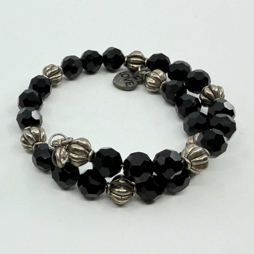 Stretch Black Beaded Bracelet with Silver Accents & Love Charm